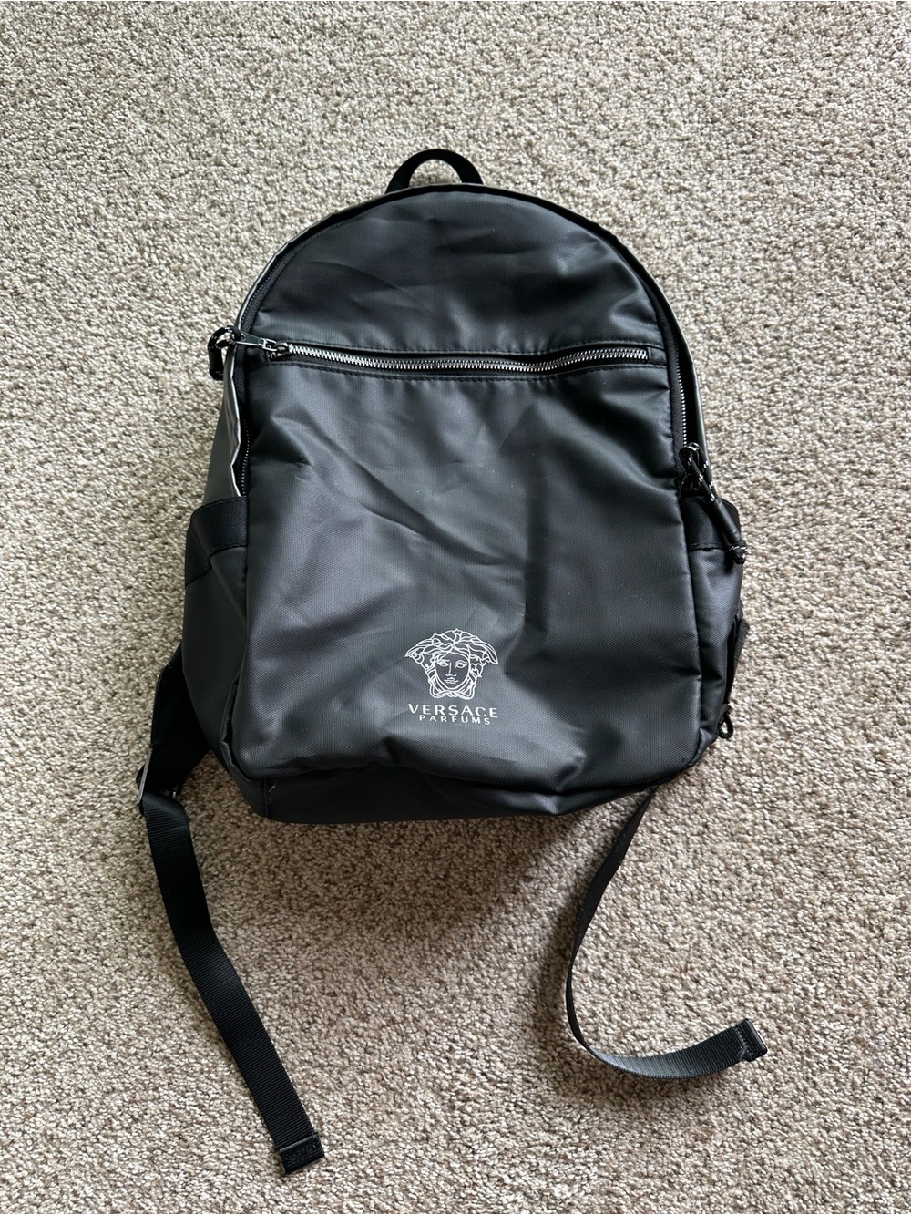 Versace Parfums Black Logo Zip Backpack Unisex Lined Inner Pockets black